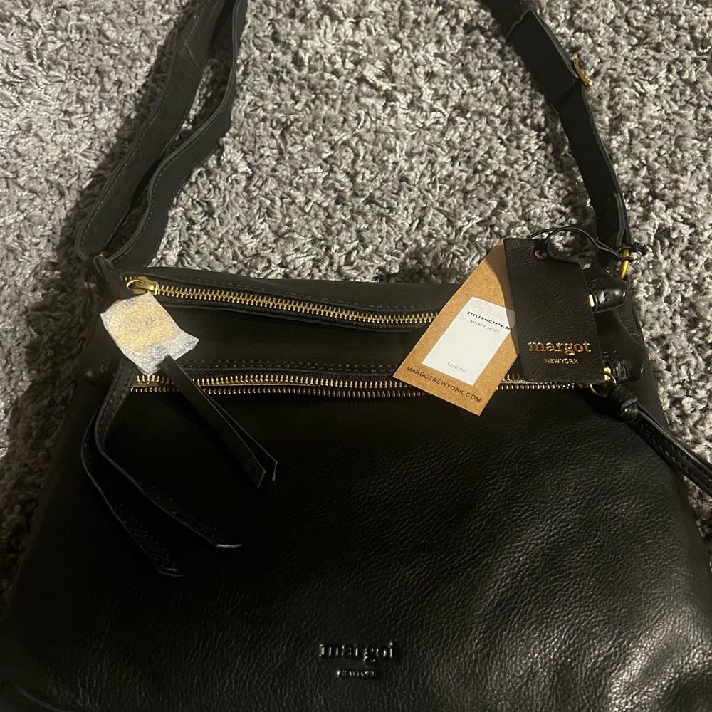 margot Black Pebbled Leather Crossbody with Gold Zippers - Picture 7 of 13